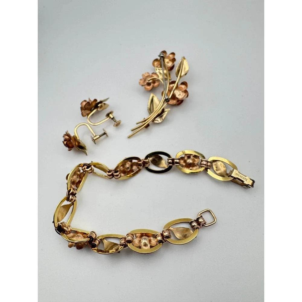 Vintage Krementz Bracelet Brooch Earrings Set Two Tone Rose